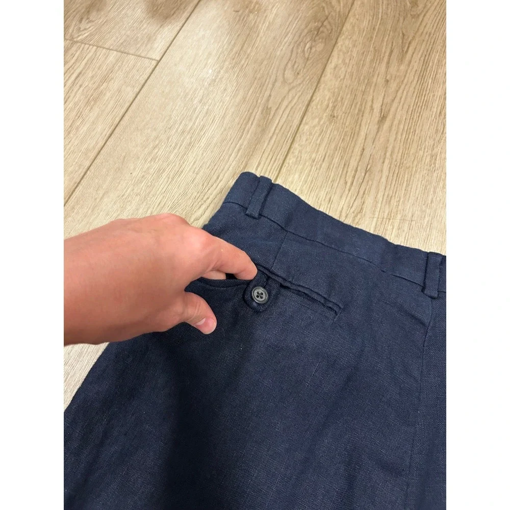 Polo Ralph Lauren Mens 32x30 Navy Blue 100% Linen Pleated Cuffed Trousers Pants